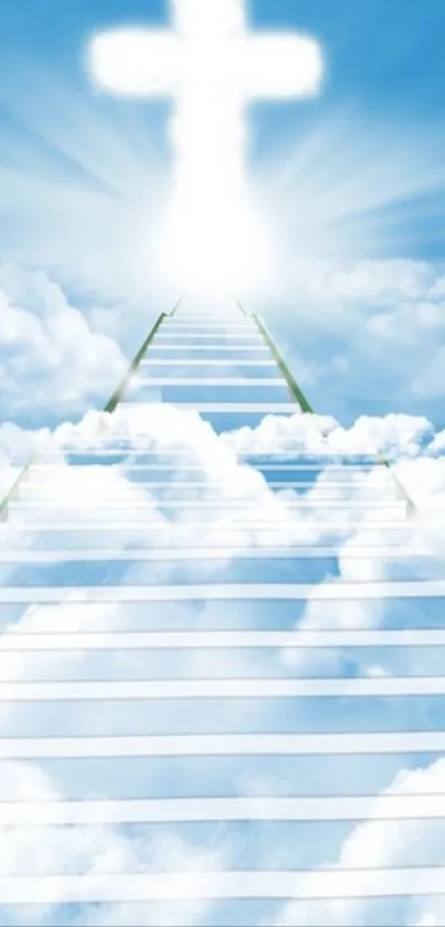 Staircase leading to a radiant cross in the sky with clouds.