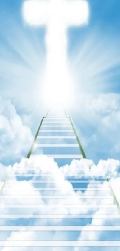 Cross in sky with clouds and stairway, blue background.