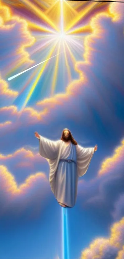 Divine figure ascending in a radiant sky with heavenly light and clouds.