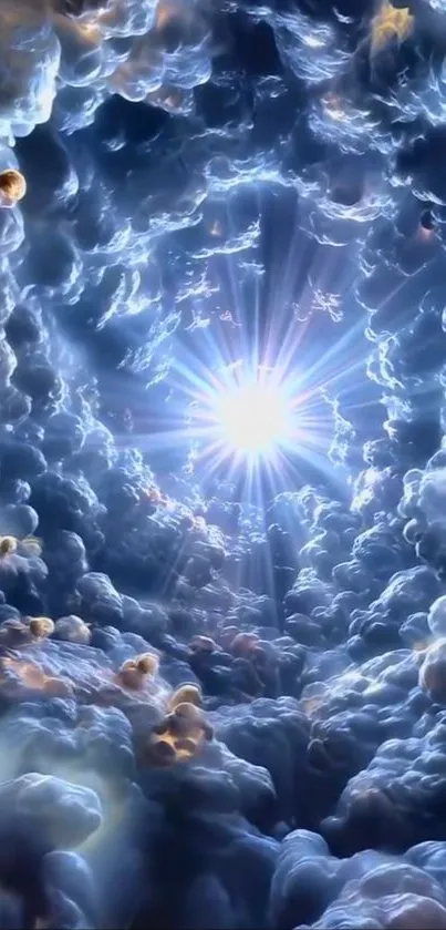 Surreal sky with radiant light and ethereal clouds in heavenly scene.