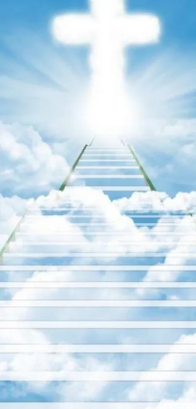 Mobile wallpaper with heavenly staircase in the clouds, sky-blue background.