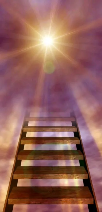 Staircase to heaven with a glowing light above a purple cloudy sky.