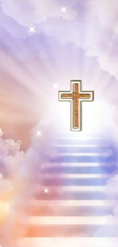 Heavenly staircase leading to a cross with clouds and light.