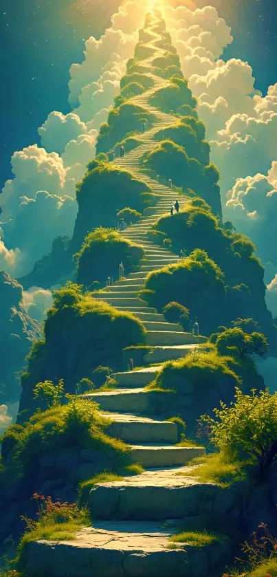 Heavenly stairs ascending into the sky surrounded by lush greenery and clouds.