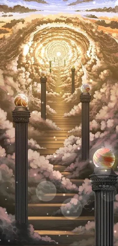 Fantasy art with stairway through clouds and golden light