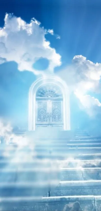 Stairway leading to clouds with a glowing doorway in the sky.