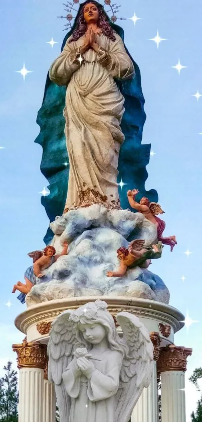 A celestial statue with angels and a sky blue background.