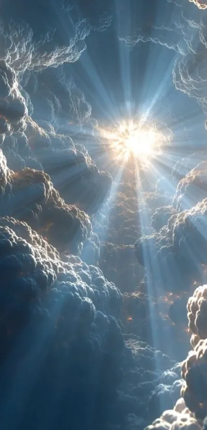 Sunlight shining through fluffy clouds in a serene sky.