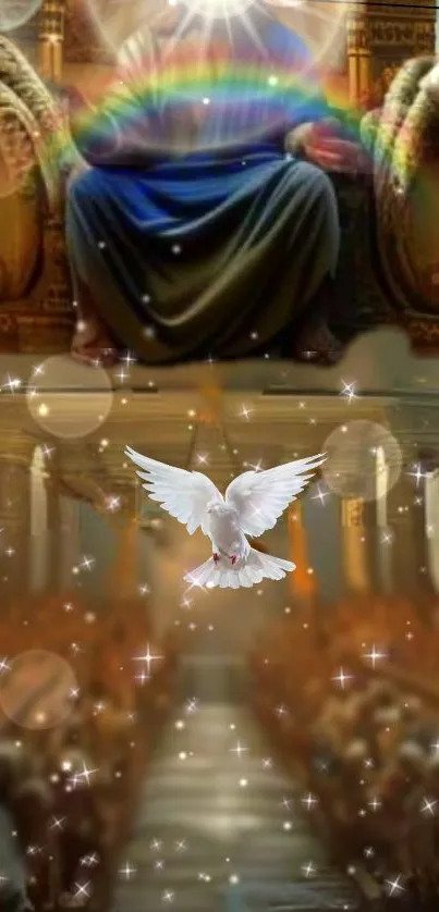 Celestial throne with a dove and sparkles, exuding divine peace.