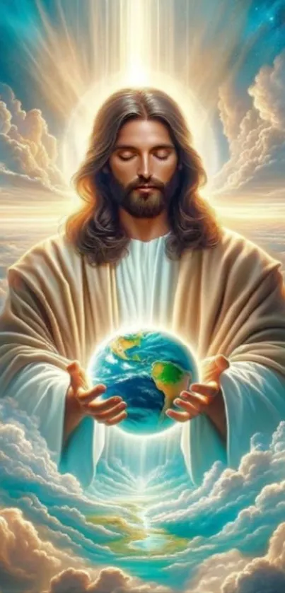Divine figure embracing Earth amid celestial light and clouds.