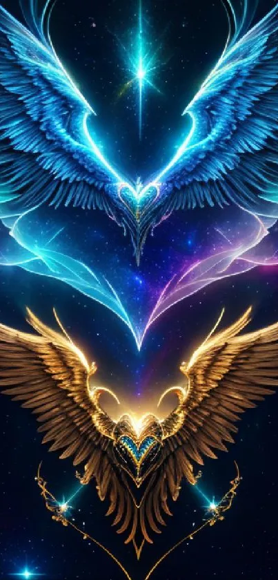 Celestial wings with glowing blue and gold hues on a dark background.