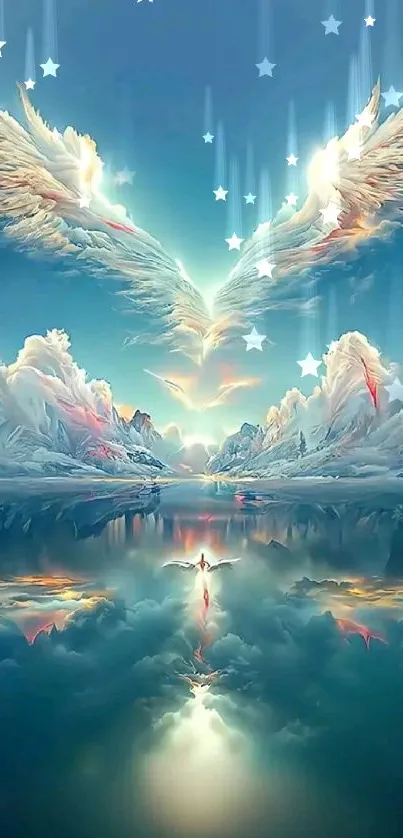 Fantasy mobile wallpaper with heavenly wings and serene lake reflection.