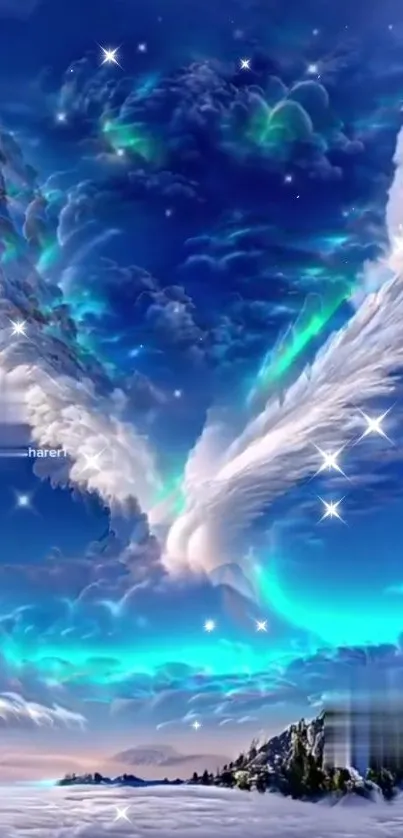 Ethereal wallpaper with angel wings in a vibrant blue sky and clouds.