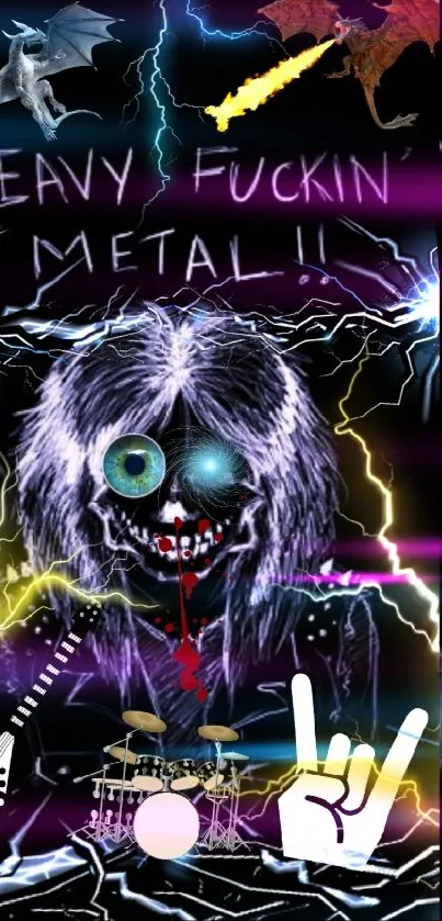 Heavy metal themed wallpaper with lightning and musical elements.