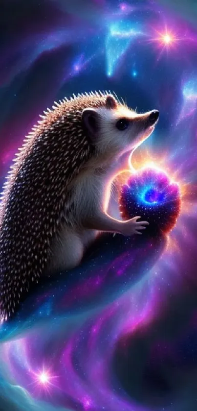 Hedgehog in a swirling cosmic galaxy with vibrant colors.