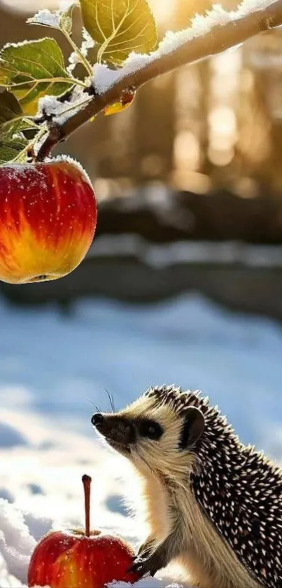 Cute hedgehog with apples on snow, sunlight background.