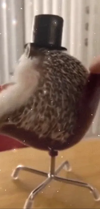 Charming hedgehog on chair with top hat, sparkling background.