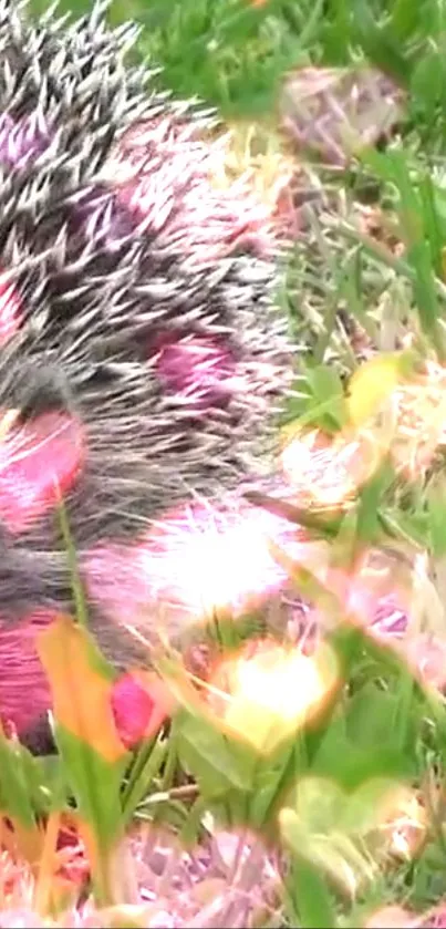 Hedgehog nestled in vibrant spring flowers.