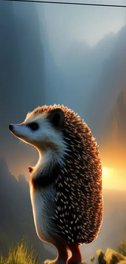 Hedgehog at sunset with mountains in background, stunning wallpaper.