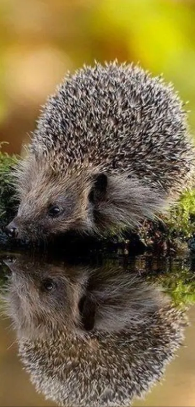 Cute hedgehog by a pond with its reflection in a tranquil setting.