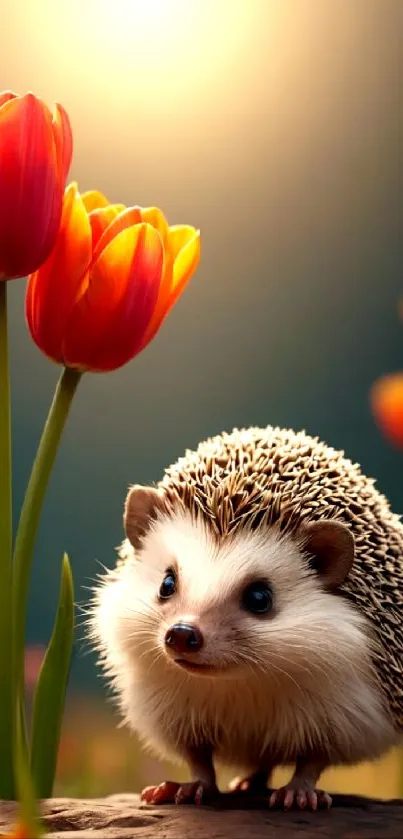 Cute hedgehog beside vibrant tulips under warm light.