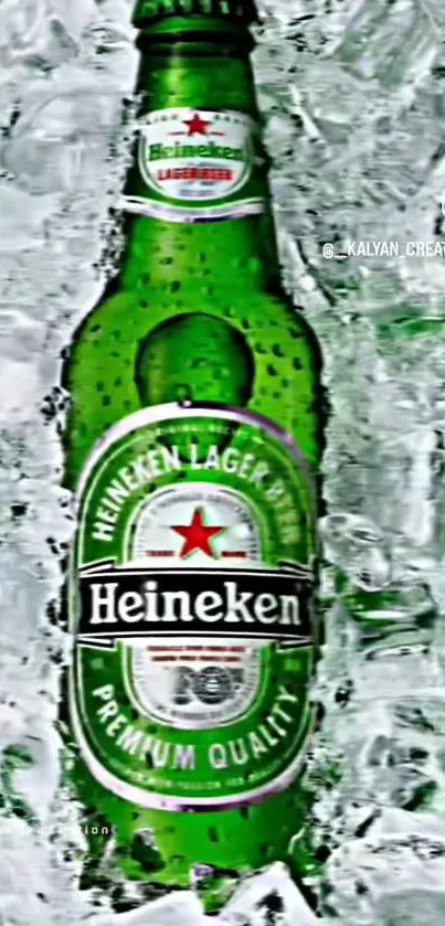 Heineken beer bottle with ice background wallpaper.