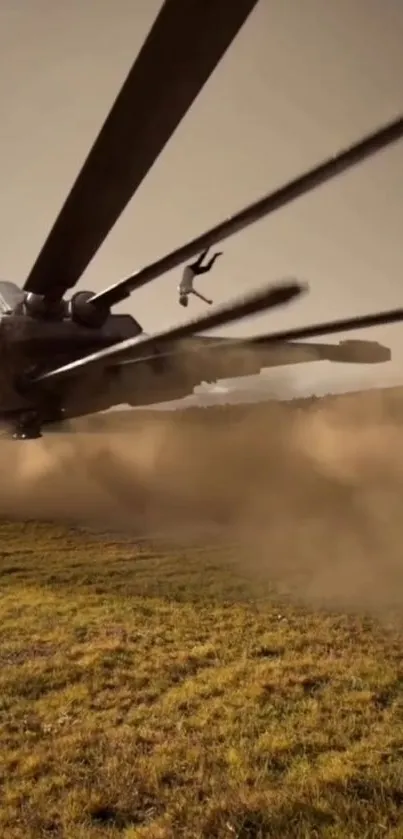 Helicopter flying low over a dusty field.