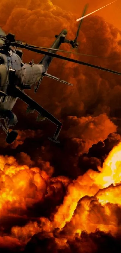 Helicopter flying through fiery explosion with dramatic clouds.