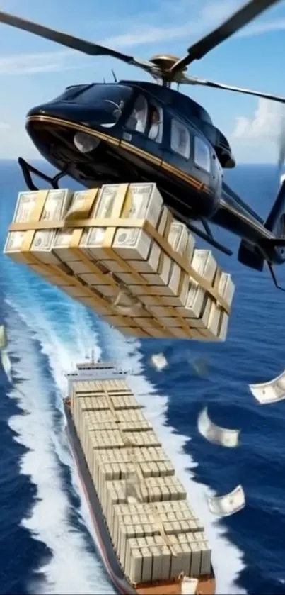 Helicopter transports money over a ship at sea.