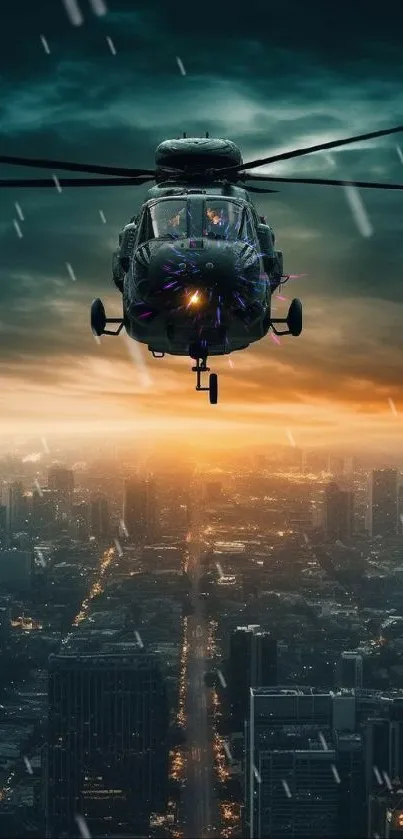 Helicopter flying over city at dusk with vibrant skyline and clouds.