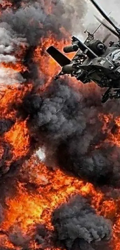 Helicopter flying over a fiery explosion, creating a dramatic and intense scene.