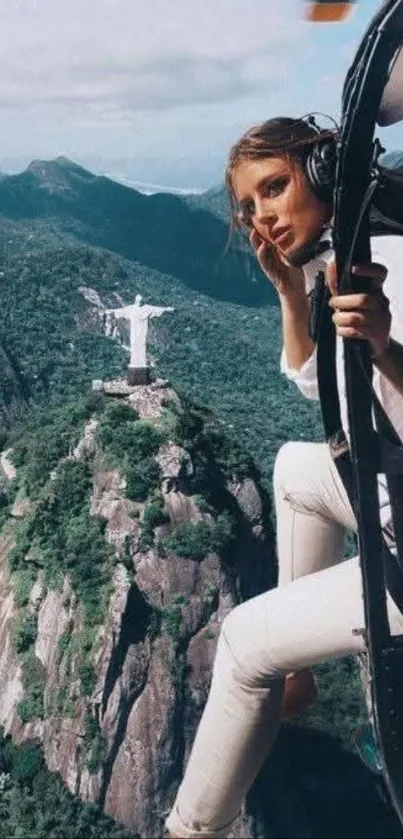 Woman on helicopter over Rio with Christ the Redeemer.