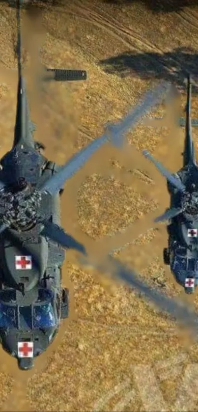 Helicopters in formation over a desert landscape wallpaper.