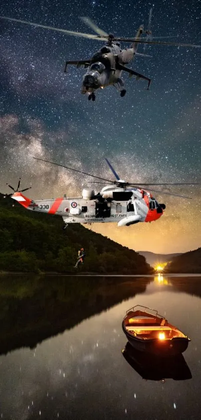 Two helicopters fly over a calm lake under a starry night sky.