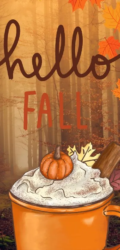 Hello Fall mobile wallpaper with coffee cup and autumn leaves.