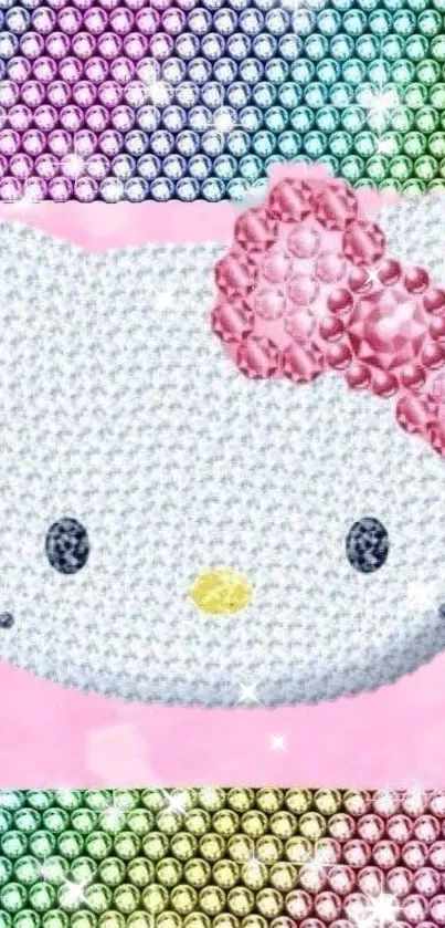 Hello Kitty crystal wallpaper with rainbow gems and pink ribbon.