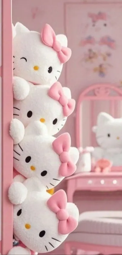 Cute Hello Kitty plush toys with a pink room background.