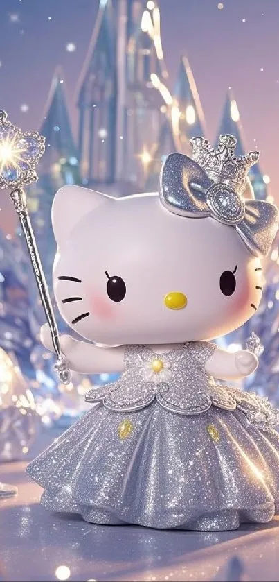 Hello Kitty in a silver sparkling dress with a wand and crown.