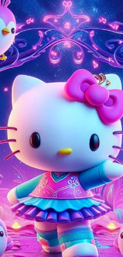 Hello Kitty in a vibrant fantasy setting with whimsical creatures.