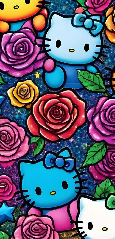 Hello Kitty wallpaper with colorful flowers and stars.