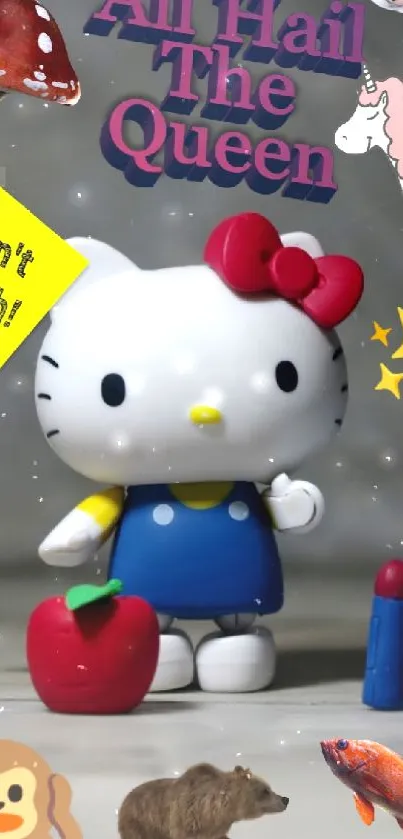 Hello Kitty surrounded by playful elements and signs.