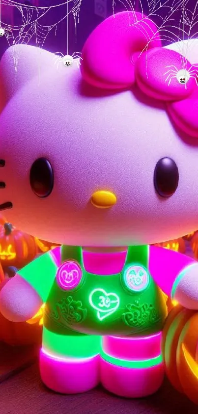 Glowing Hello Kitty with pumpkins and neon colors.