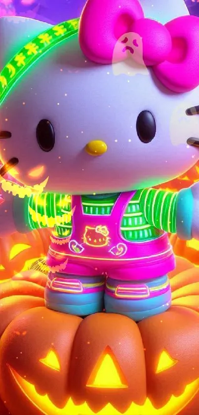 Hello Kitty in neon Halloween with glowing pumpkins.