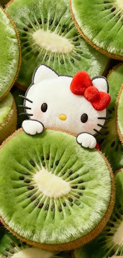 Hello Kitty peeking from fresh kiwi slices wallpaper.