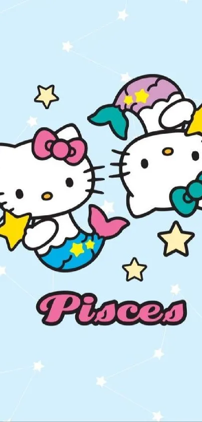 Hello Kitty Pisces mermaid cartoon on light blue background with stars.