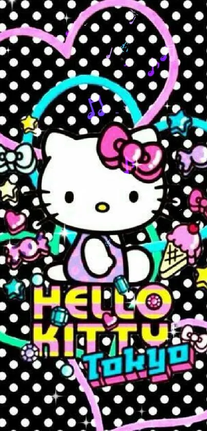 Hello Kitty Tokyo theme with hearts and candies on polka dots.