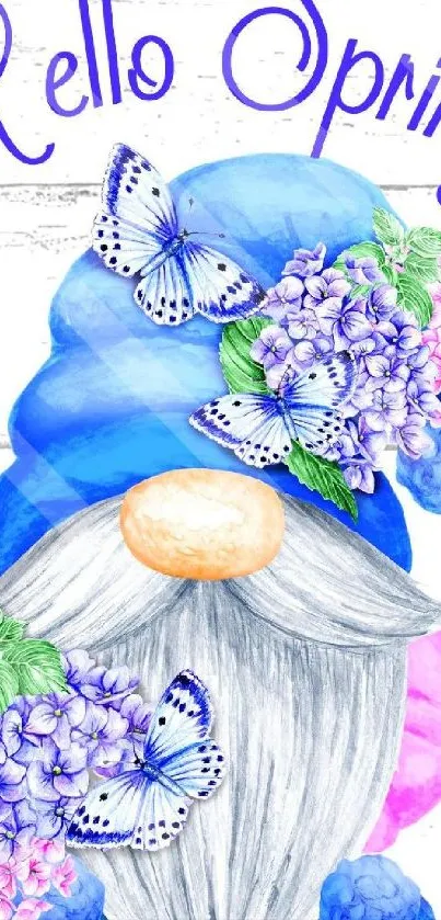 Spring gnome with flowers and butterflies design wallpaper.