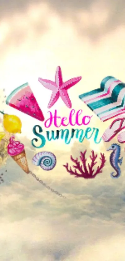 Vibrant 'Hello Summer' wallpaper with beach and pastel themes.