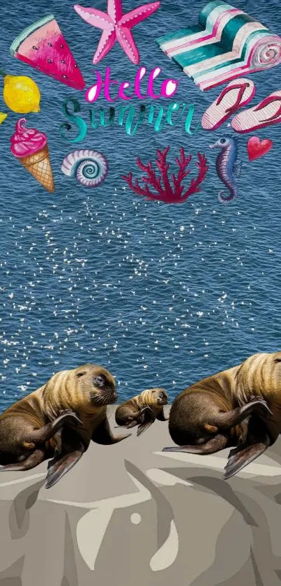 Whimsical summer mobile wallpaper with sea lions and beach items.