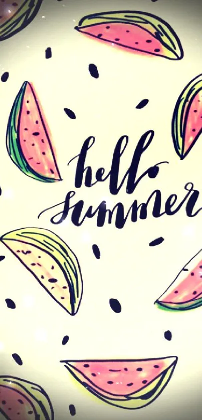 Hello Summer wallpaper with watermelon slices and artistic design.